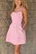 Cute A-line Cross Back Pink Satin Short Homecoming Dresses With Pockets DMB14