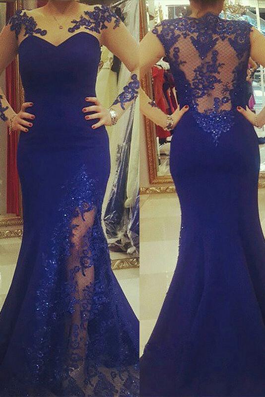 New Arrival Scoop Applique Long Sleeves Royal Blue Mermaid Plus Size Dresses DMF47