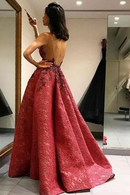 Modest A-Line Round Neck Backless Sweep Train Lace Prom Dress with Appliques DM963