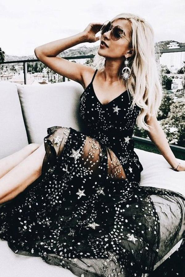 Sexy Sparkly Black Spaghetti Straps A Line Star Long Prom Dress DMG9