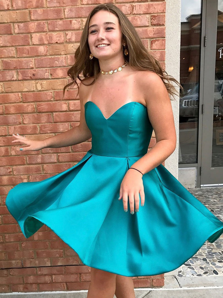 Simple A Line Short Strapless Sweetheart Neck Satin Cheap Homecoming Dresses DMB69