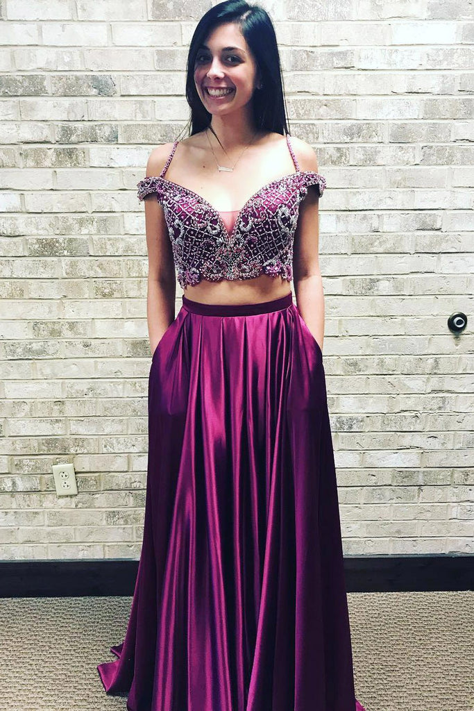 Two Piece Straps Beading Plum Purple Long Prom Dress With Pockets DMJ28