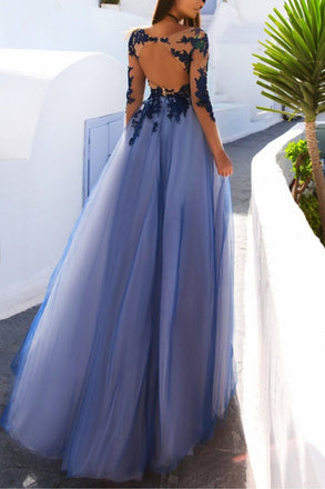 Charming Long Sleeve Appliques Sexy See Though Blue Prom Dresses DM852