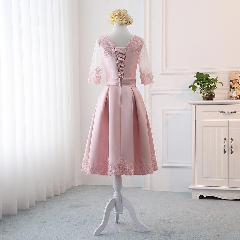 Pink Satin A Line Half Sleeves Lace Appliques Short Homecoming Dresses DMC4