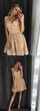 Stylish A-Line Spaghetti Straps Short Homecoming Dress with Lace Appliques DMD14