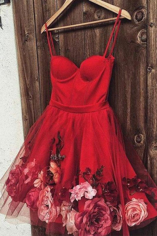 Burgundy Tulle Short Prom Dress, Spaghetti Straps Homecoming Dress With Flowers DML79