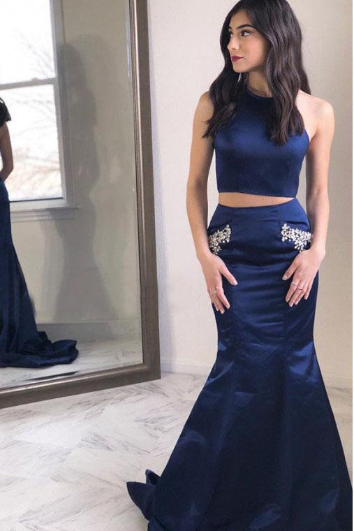 Two Piece Halter Backless Mermaid Navy Blue Prom Dress with Beading Pockets DMR9