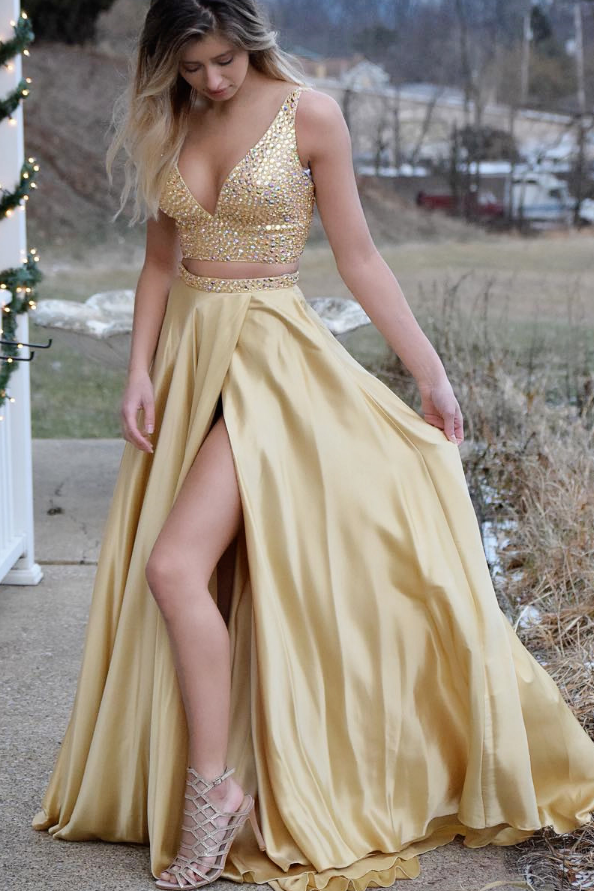 Two Piece Gold Long Beading Prom Dress Slit Side A Line Evening
