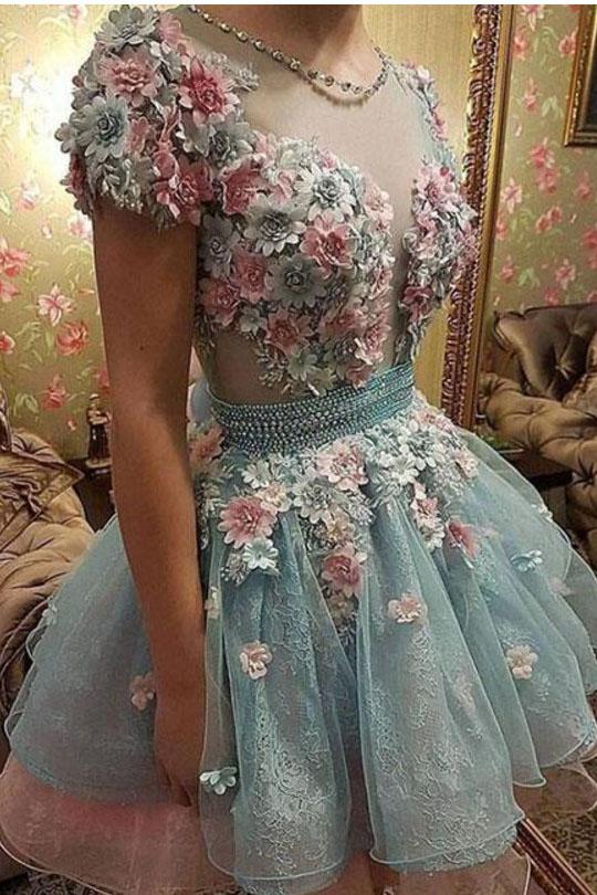 A Line Short Sleeves Homecoming Dresses, Princess Short Prom Dress With Flowers DMM52