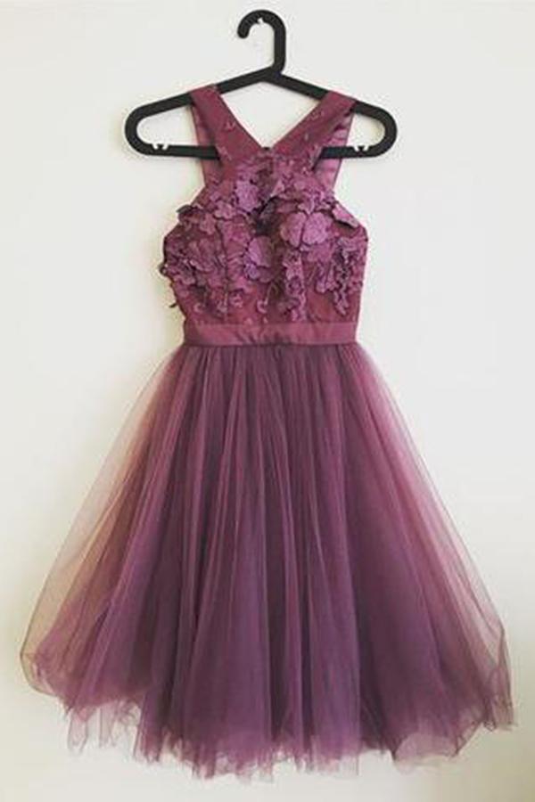 Grape Lace Top A Line Short Tulle Cheap Homecoming Dress DMD15