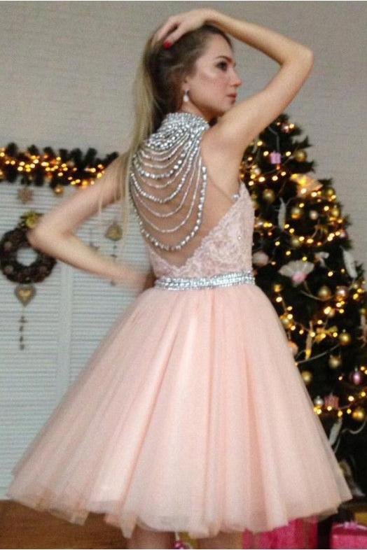 Chic Pearl Pink A Line Appliques Beading Short Homecoming Dress DMB51