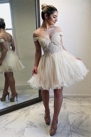 Sexy Off the Shoulder A-Line Tulle Beaded Homecoming Dresses,Graduation Dress DMB52