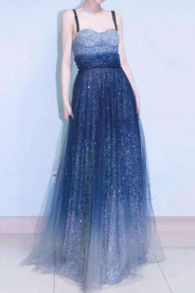 Chic Prom Dresses,A-line Prom Dress,Spaghetti Strap Prom Gown,Sleeveless Evening Dress,Royal Blue Prom Dress,Tulle Evening Dress,Long Prom Dress