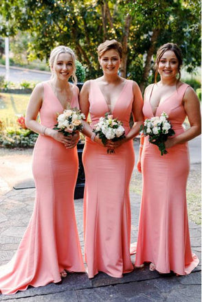 Mermaid V-Neck Sweep Train Pink Satin Simple Bridesmaid Dress DMR28