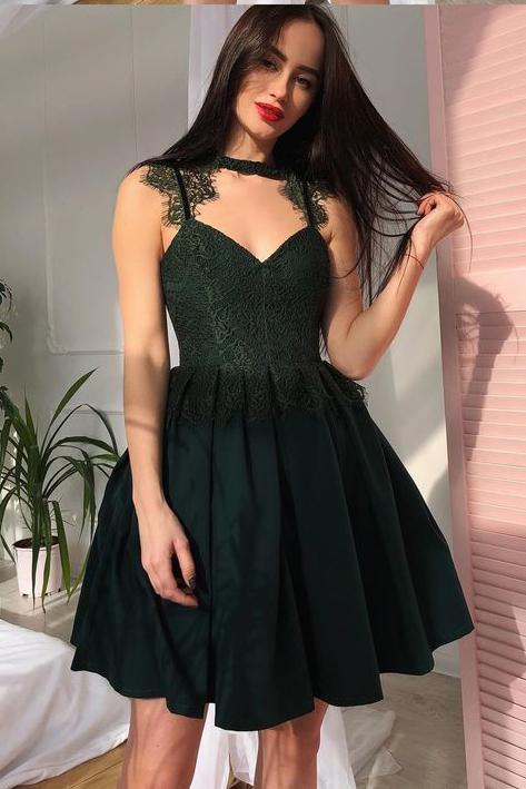Dark Green A Line Satin Short Homecoming Dress with Lace DMB41