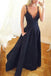 Elegant A-Line Spaghetti Straps V Neck Satin Navy Blue Prom Dress With Pocket DMB45