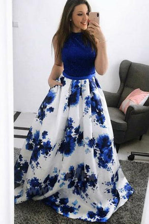 Fashion A-Line Jewel Blue Floral Long Prom Dress with Pockets DMJ30