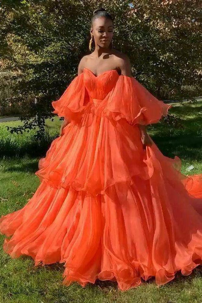 Orange Organza Off the Shoulder Ball Gown African Two Layers Prom Dresses DM1019