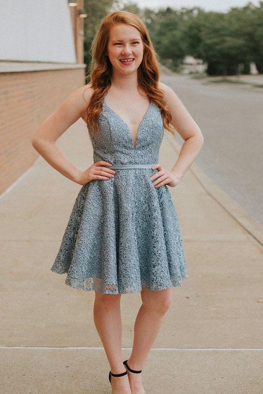 A-Line Spaghetti Straps Backless Blue Lace Homecoming Dress DMM13