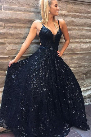 A Line Spaghetti Straps Floor Length Navy Sequined Prom Dress DMQ61