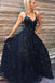A Line Spaghetti Straps Floor Length Navy Sequined Prom Dress DMQ61