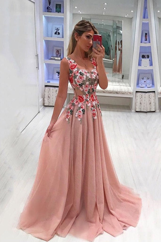 A Line Broad Straps Floral Appliqued Prom Dress, Cheap Long Tulle Evening Dresses DMI33