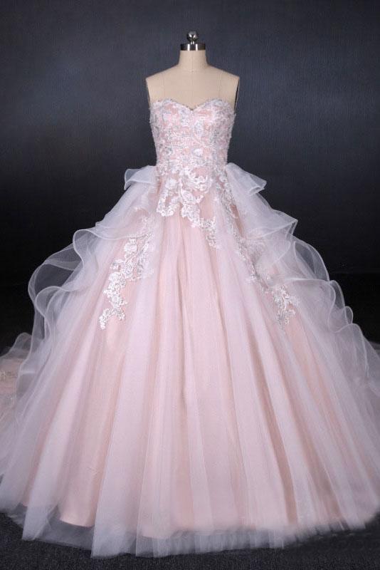 Romantic Pearl Pink Ball Gown Wedding Dress, Sweetheart Appliques Bridal Gown DMQ24