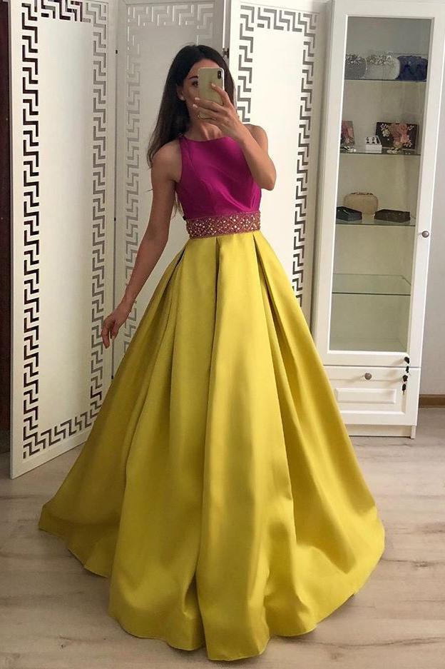 Stunning A Line Satin Yellow Beaded Sleeveless Long Prom Dresses DMI51