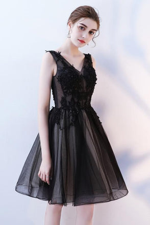 A Line V Neck Black Homecoming Dresses, Short Tulle Appliques Prom Dress DMN63