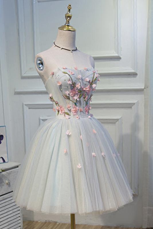 A Line Sweetheart Tulle Short Homecoming Dress With Flowers DMN45