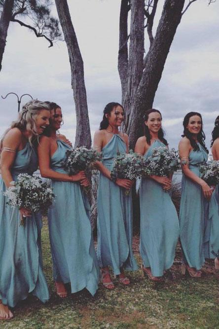 A-Line Cross Neck Backless Ankle-Length Blue Keyhole Chiffon Bridesmaid Dress DMR31