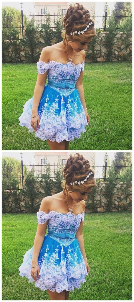 Off Shoulder Lace Appliques Short Prom Gown, Cute Homecoming Dress DMC44