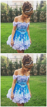 Off Shoulder Lace Appliques Short Prom Gown, Cute Homecoming Dress DMC44