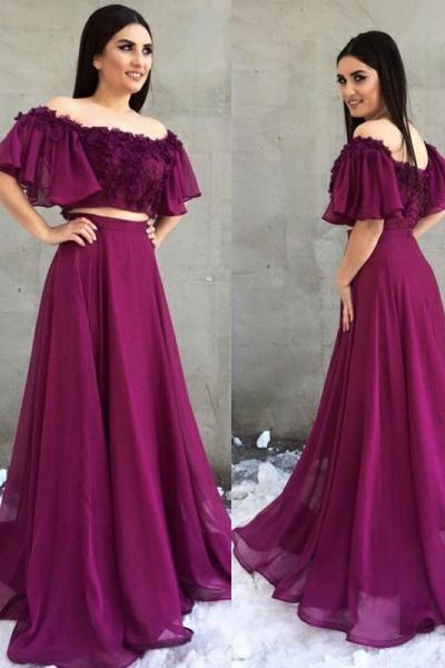 Two Piece A-Line Off the Shoulder Purple Chiffon Prom Dress with Appliques DMH5