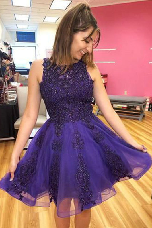 A-Line Princess Tulle Beading Appliques Purple Short Homecoming Dresses DM1033