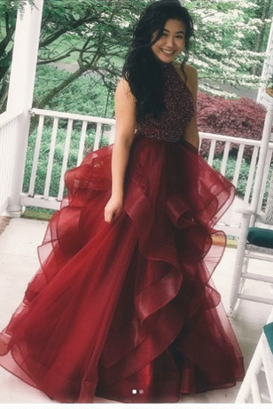 Cheap Burgundy A Line Beading Long Prom Dresses With Ruffles DMF52