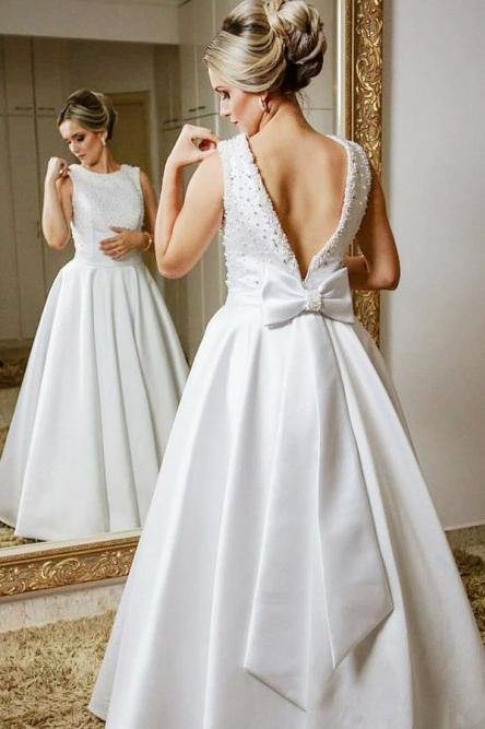 A-Line Jewel V Back Floor-Length Satin Wedding Dress with Beading Bowknot DMR80