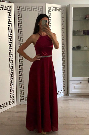 Fashion Burgundy A Line Halter Chiffon Simple Prom Dresses DMI50