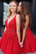 Red Lace Applique Beaded Homecoming Dresses V Neck Tulle Short Prom Dress DMO11
