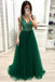 Fashion A Line V Neck Beading Prom Dresses, Long Tulle Green Prom Dress DMK24