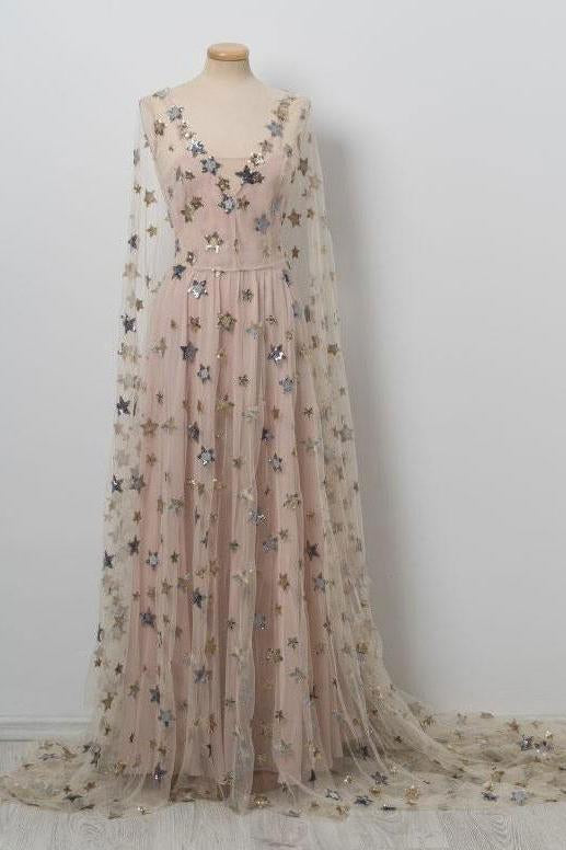 Chic V neck Floor Length Stars Pink Prom Dresses,Long Evening Dress DME19