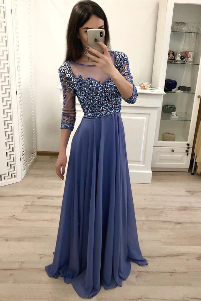 Chiffon A Line 3/4 Sleeves Beaded Blue Long Prom Dresses, Formal Party Dress DMI18