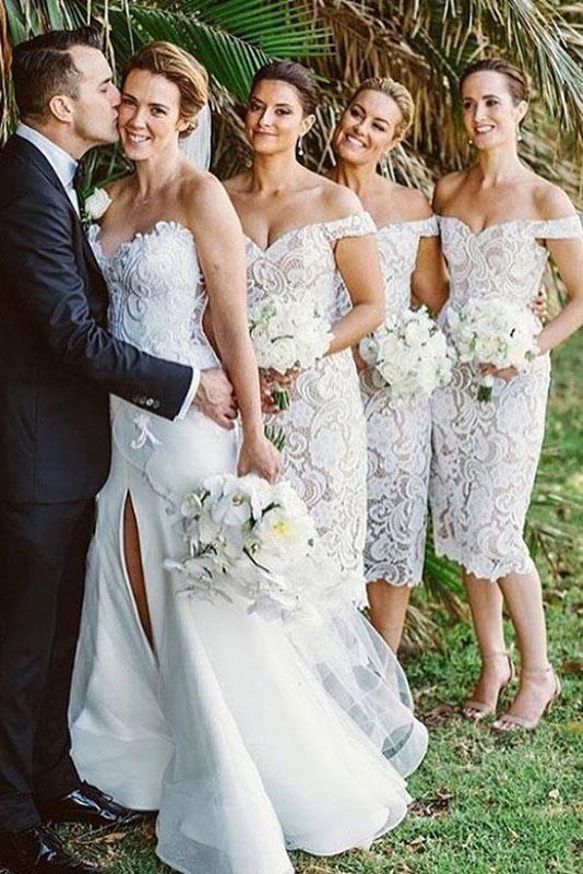 Elegant Off the Shoulder White Lace Tea Length Bridesmaid Dress DMN1