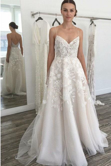 Cheap Spaghetti Straps Backless Off White Wedding Dress with Lace Appliques DMK44