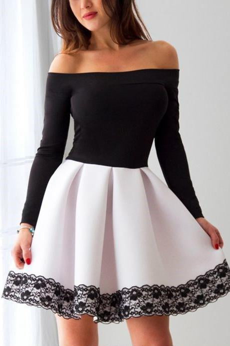 Long Sleeve White and Black A Line Short Prom Dress,Cheap Homecoming Dresses DMC90