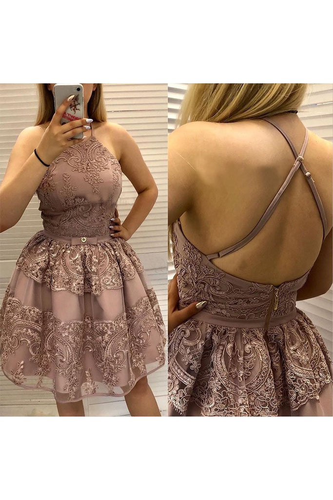 A-Line Criss Cross Straps Back Homecoming Dress With Appliques DMM12
