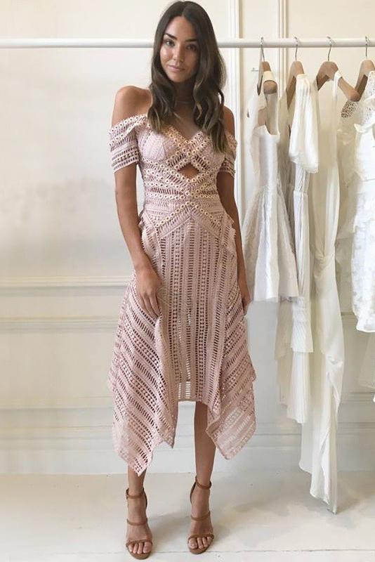 Beautiful A-Line Short Sleeves Asymmetry Pink Lace Prom Dress DMB49