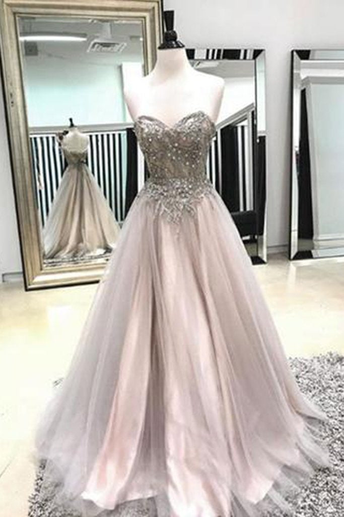 A Line Long Spaghetti Straps Sweetheart Beading Tulle Prom Dress DMB93