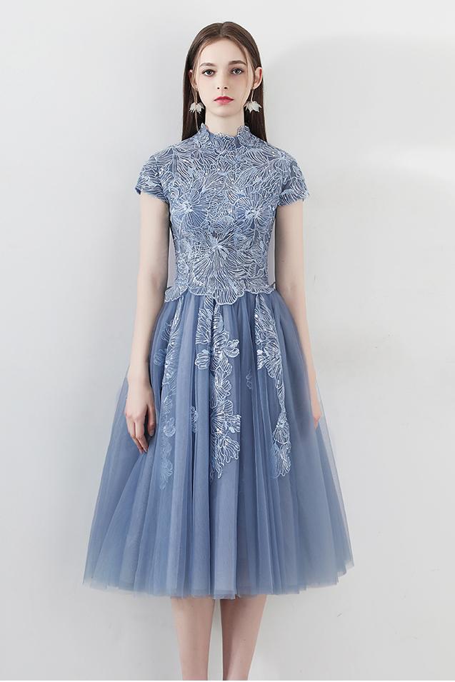 Blue A Line Tulle Cap Sleeves High Neck Homecoming Dresses With Lace Appliques DMC6