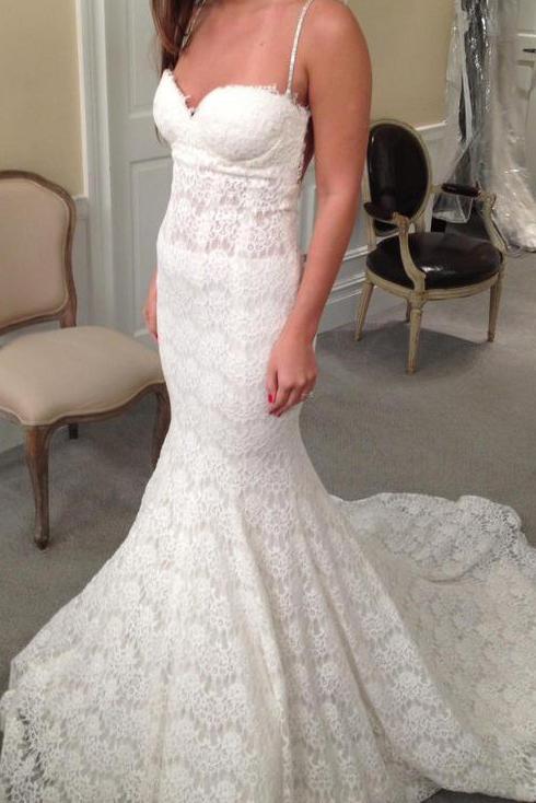 Mermaid Sweetheart Spaghetti Straps Lace Backless Court Train Wedding Dress DMB03